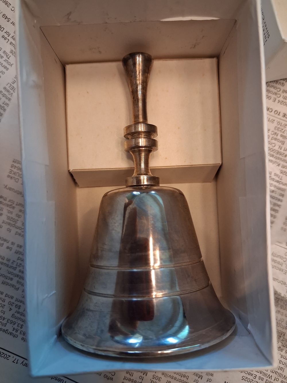 Handheld Metal Dinner Bell in Polished Silver Tone